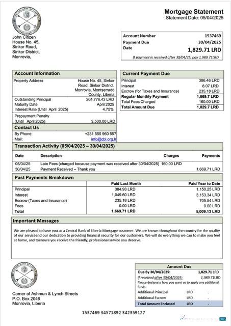 Download Liberia Central Bank of Liberia mortgage statement Word and PDF template Photoshop template